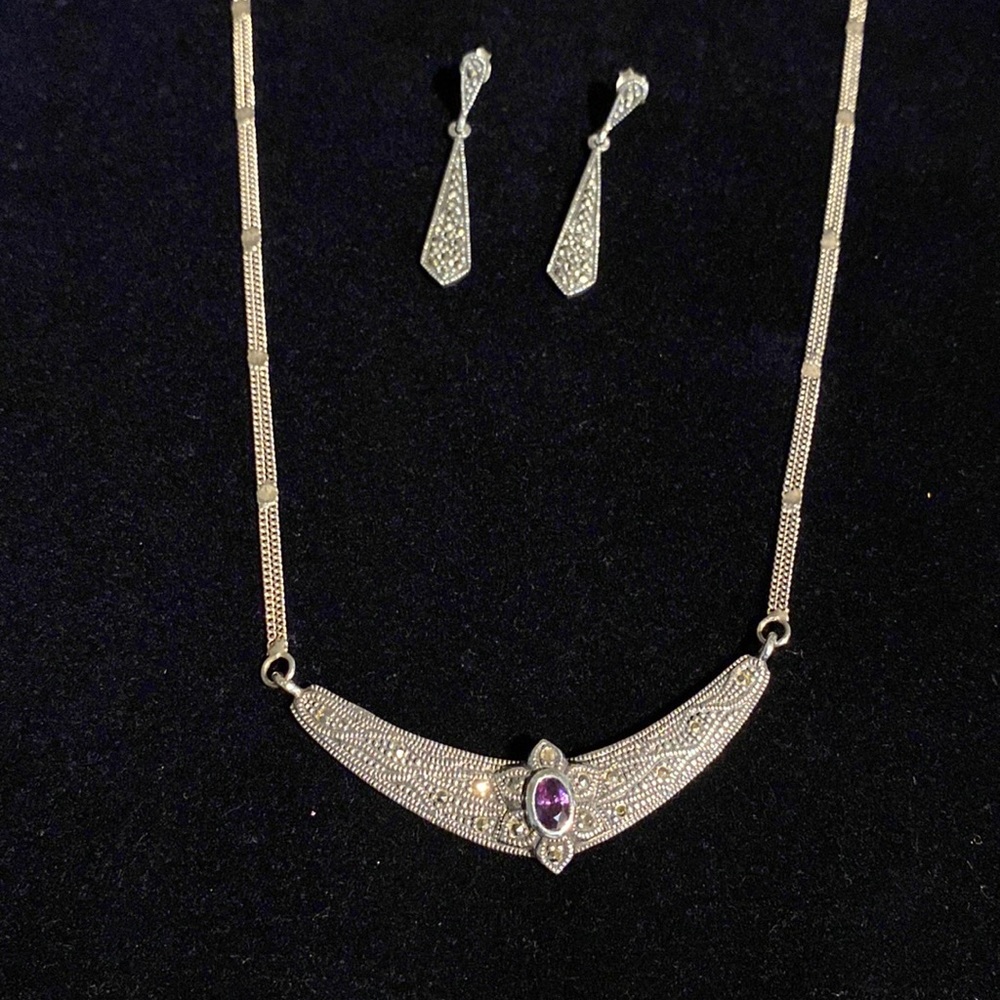 Antiqued Sterling Silver with Marcasite and Amethyst  Necklace Earring Set